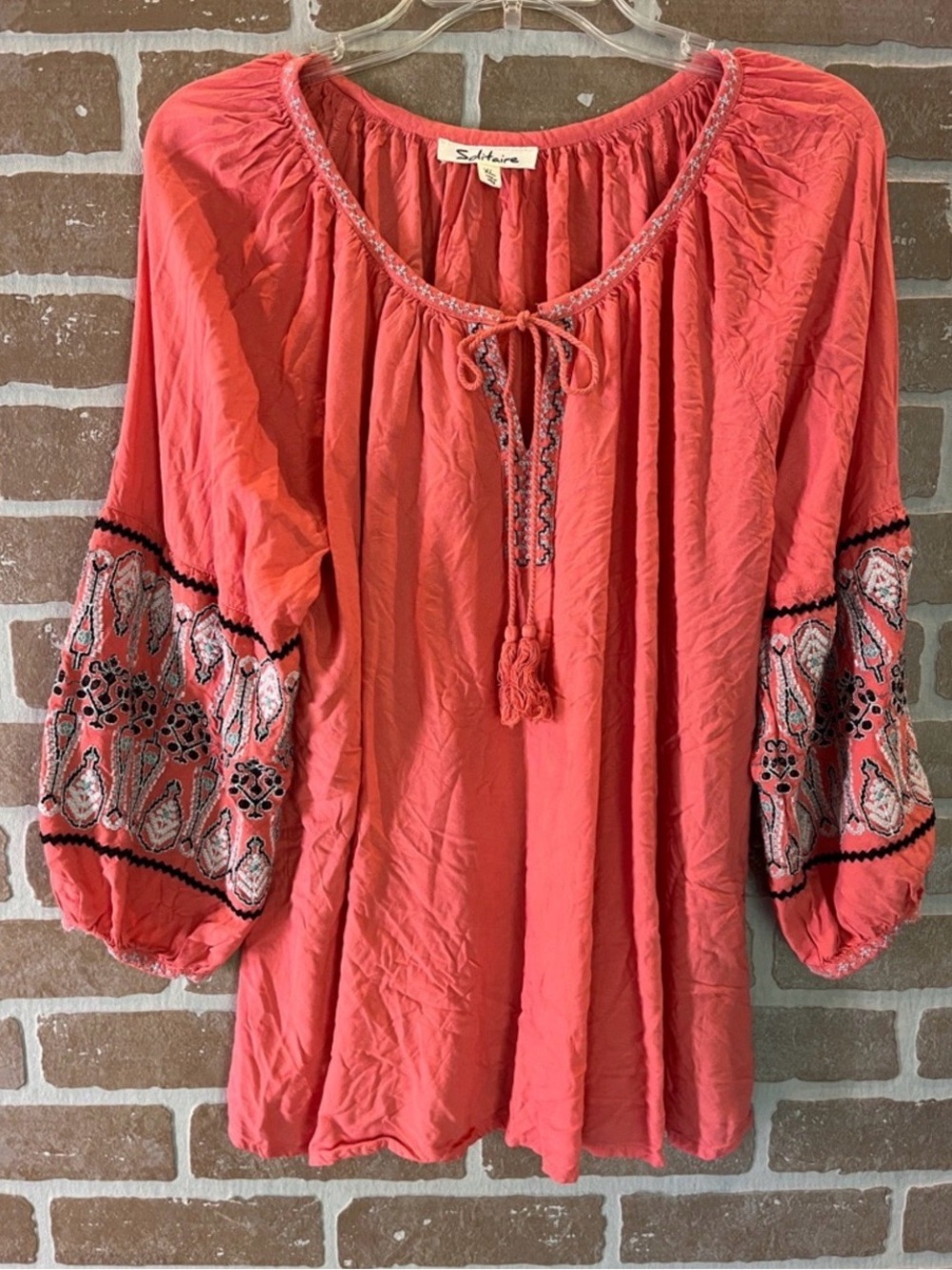 Solitaire Coral Embroidered Peasant Tunic